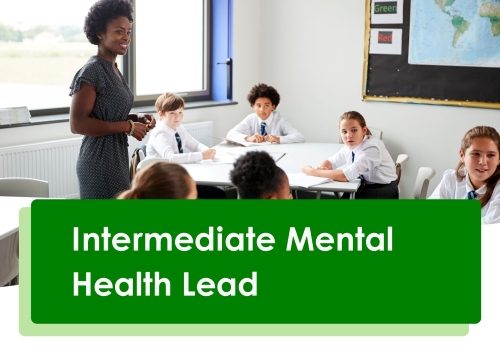Intermediate Mental Health Lead Training Image shows a teacher with primary age pupils in a UK classroom. Text shows the course structure of the Intermediate Mental Health Lead training